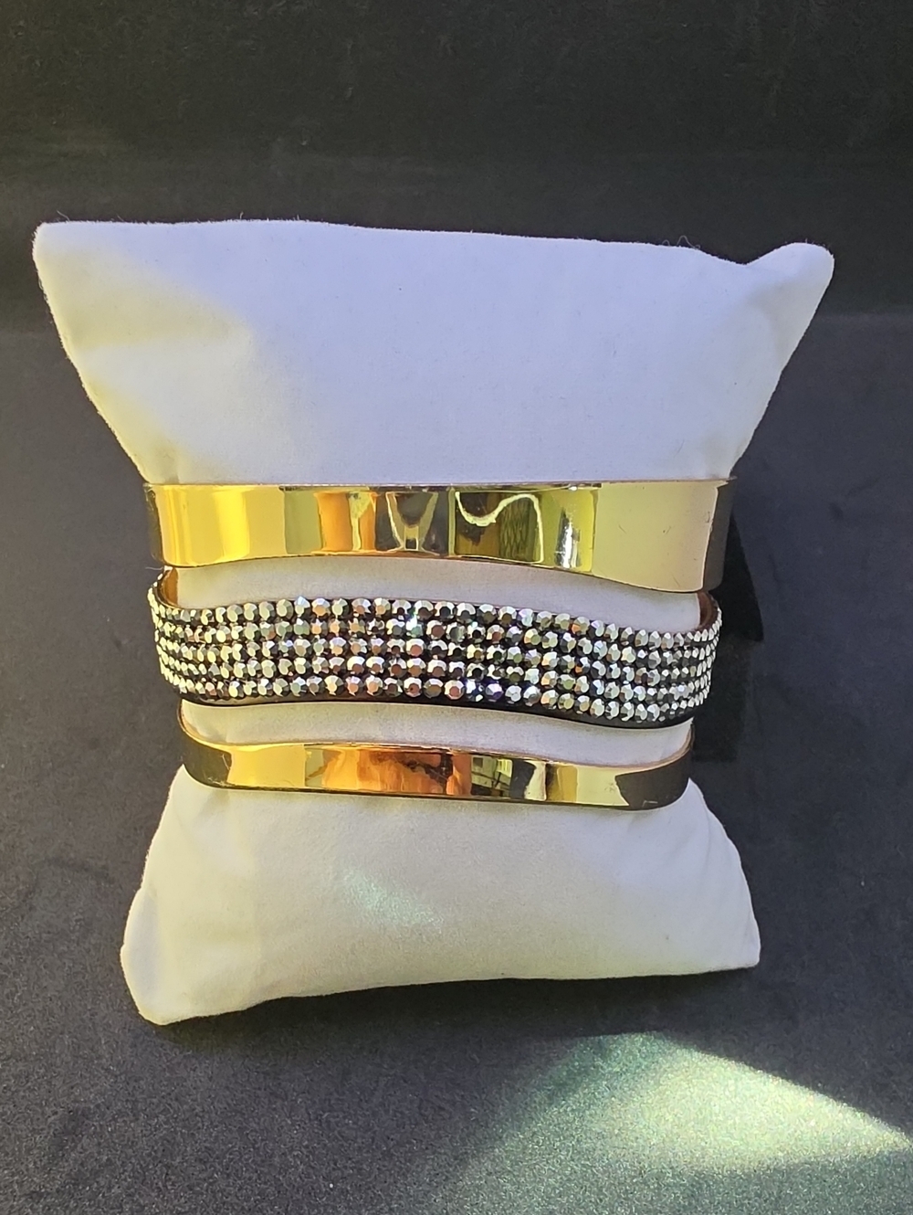 Gold Tone Layered Cuff Bracelet with Crystal Accent